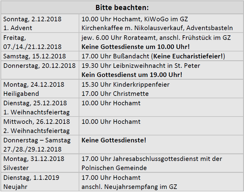 Aktuelle Termine Dezember 2018 + Neujahr